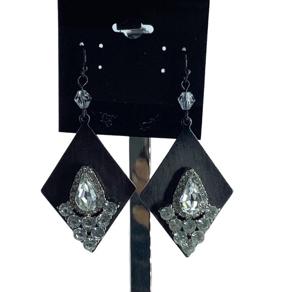 Dangling Rhinestone Diamond Shape Earrings Black Metal Formal Fashion Glam 2.5" - Picture 1 of 5